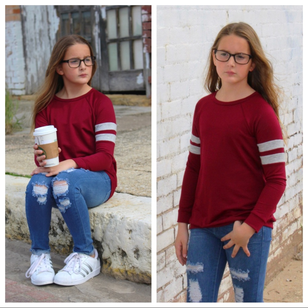 Comfy Girls’ Burgundy top, gray stripe sleeve